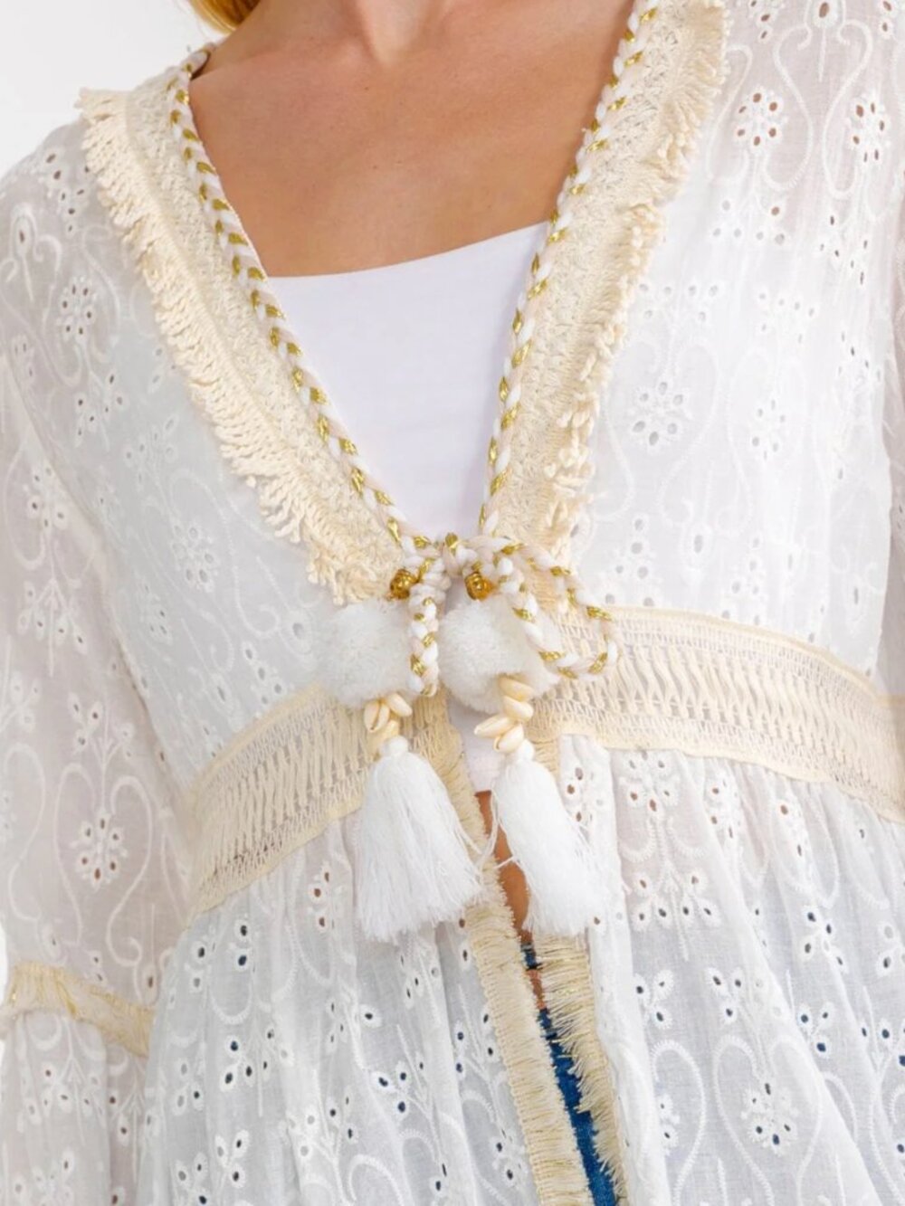 Boho Beach cardigan White Eyelet Tassel Duster size S-M-L - Picture 2 of 4